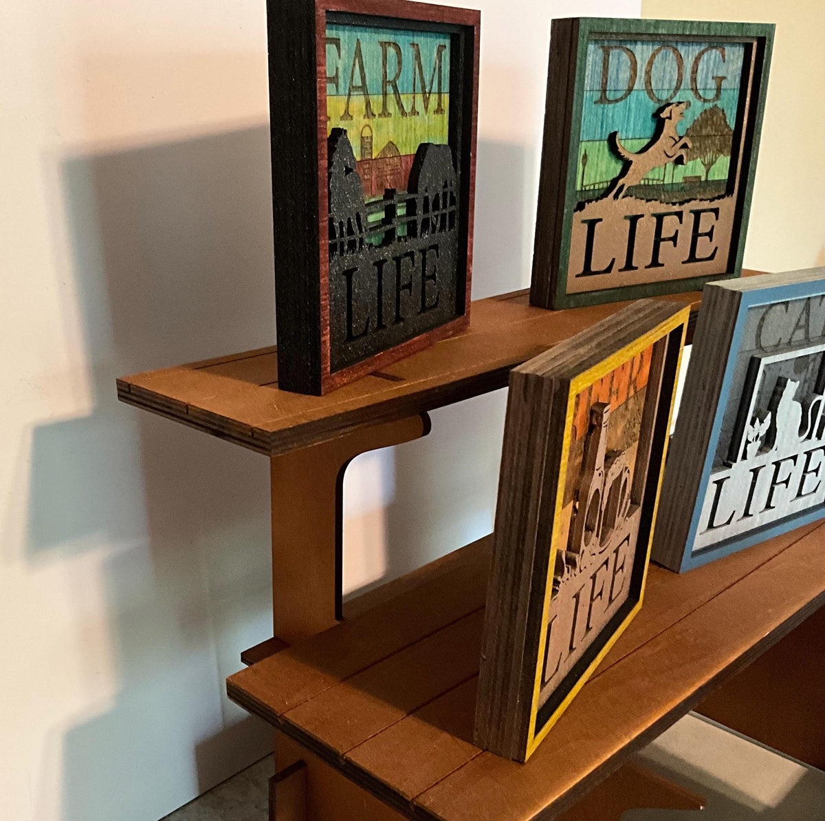 Wooden Shelf Sitter Shadowbox Sign, Farm Dog Cat Coffee Beer Themes, Handmade Home Decor