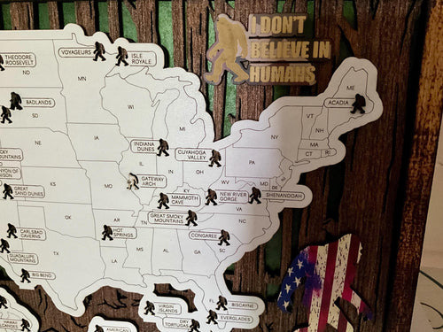 Bigfoot Sasquatch National Parks Wooden Map, Rustic Cabin Adventure Tracker Wall Art