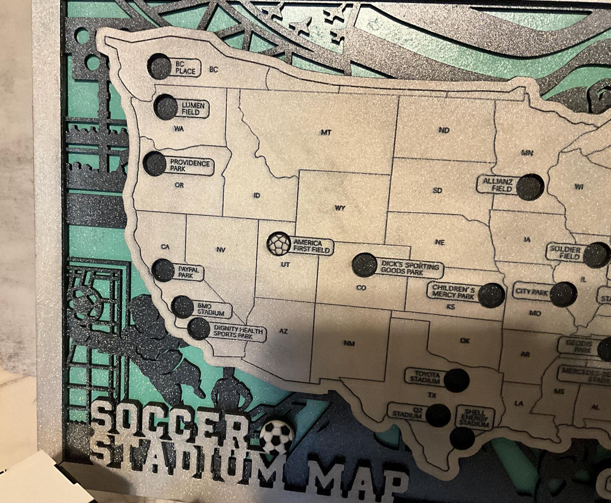 Soccer Stadium Map, Wooden Tracker for Visited Custom Fan Gift
