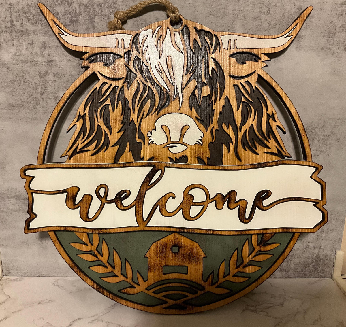 Highland Cow Welcome Sign, Rustic Wooden Farmhouse Door Decor, Cottagecore Cow Lover Gift