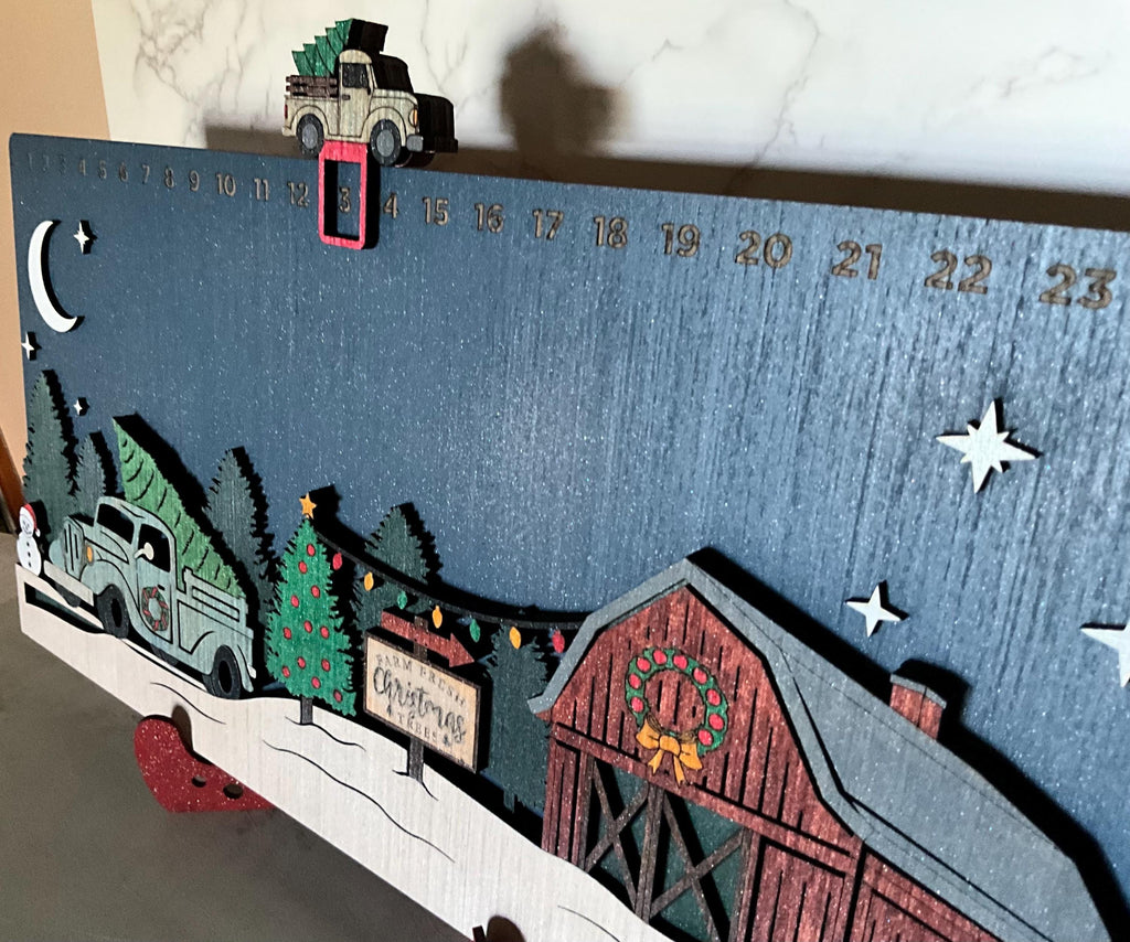 Wooden Christmas Countdown Calendar with Truck and Barn, Rustic Advent Family Tradition