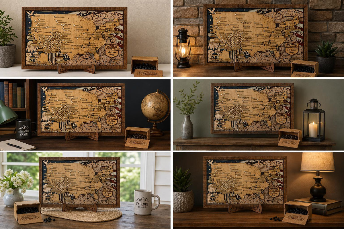 National Monuments Wooden Tracker Map, USA Travel Adventure Keepsake with Storage Box