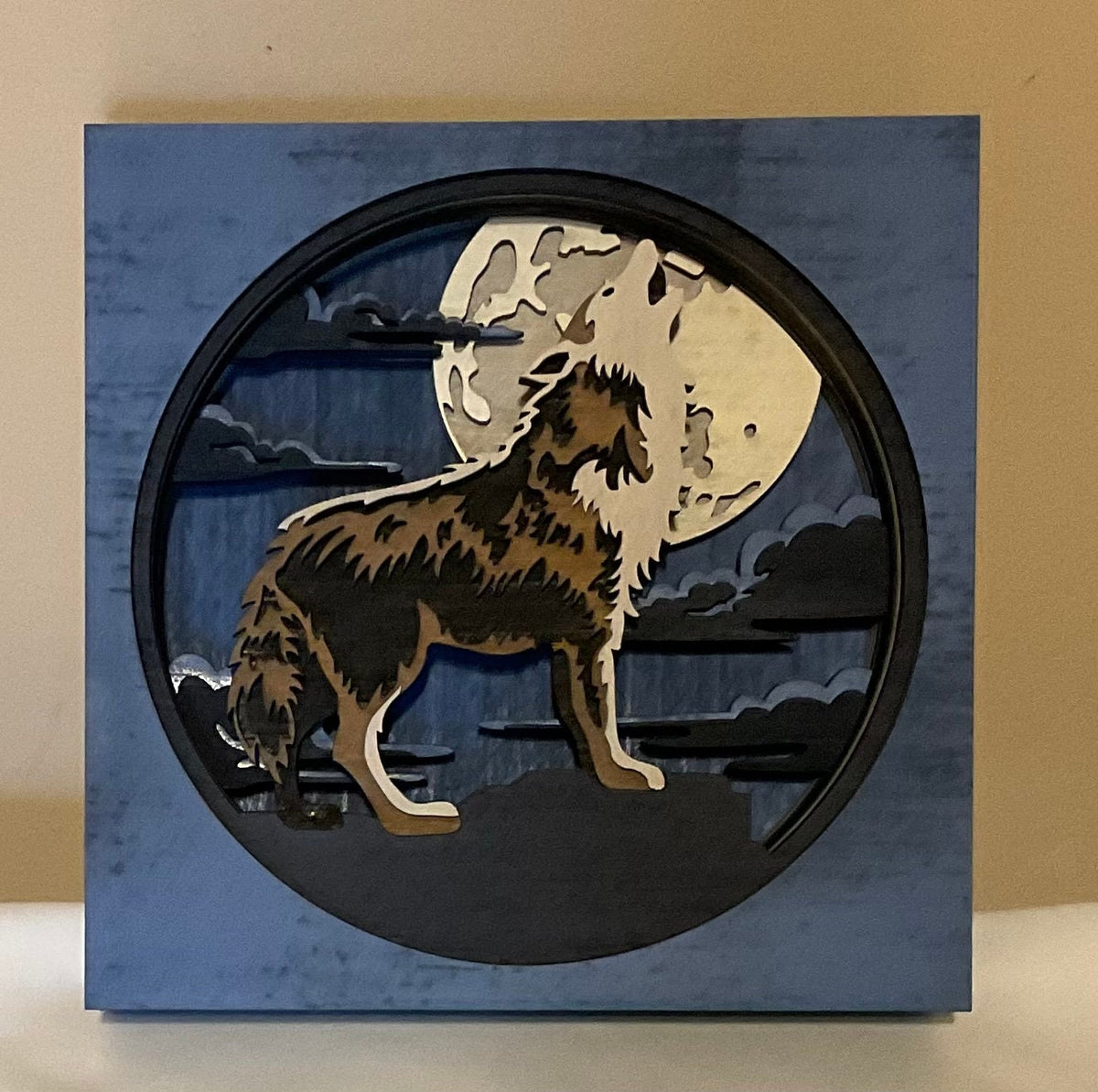 Wolf Shadowbox Wall Art, 3D Layered Wooden Wolf Display, Rustic Cabin Lodge Decor