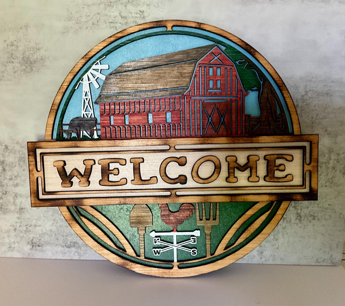 Round Wooden Welcome Sign 17 inch, Colorful Farmhouse Door Hanger, Front Porch Wall Decor
