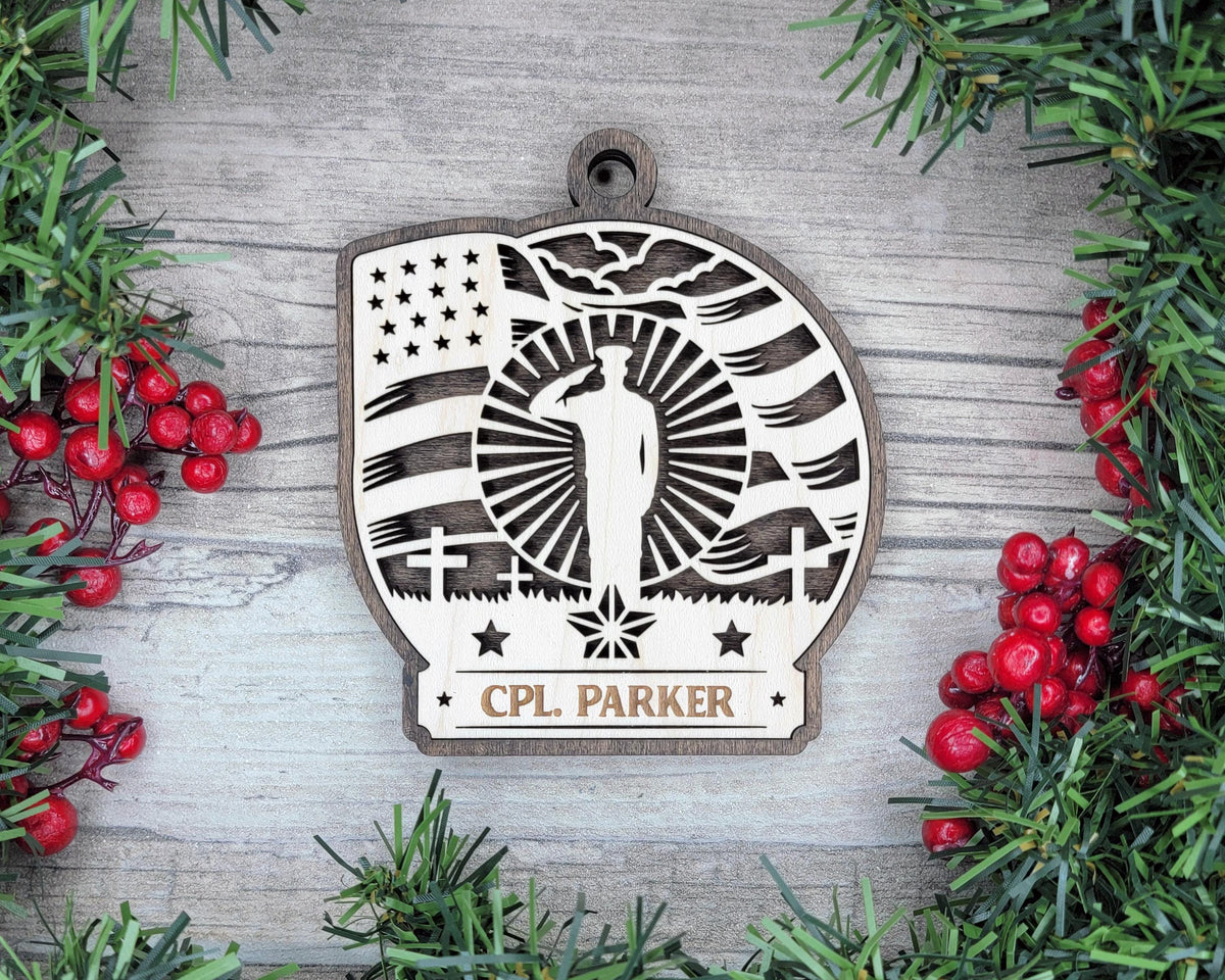 Personalized Military Ornament with Name Plate, Army Navy Air Force Marines Christmas Keepsake