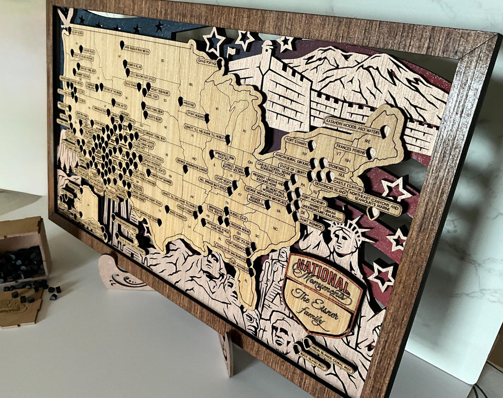 National Monuments Wooden Tracker Map, USA Travel Adventure Keepsake with Storage Box