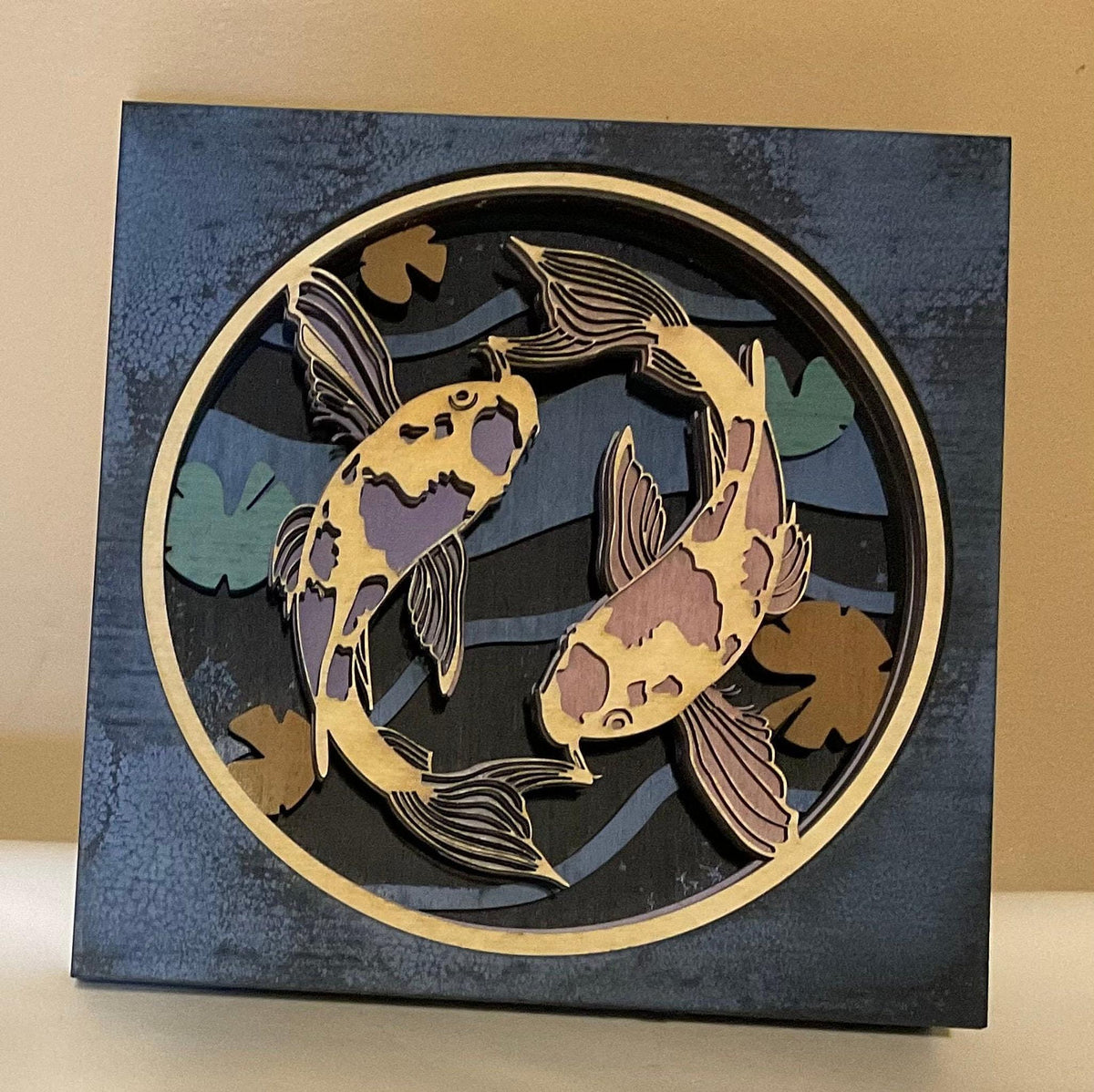 Koi Fish Shadowbox Wall Art, Multi Color 3D Layered Wood Display, Zen Home Decor Gift