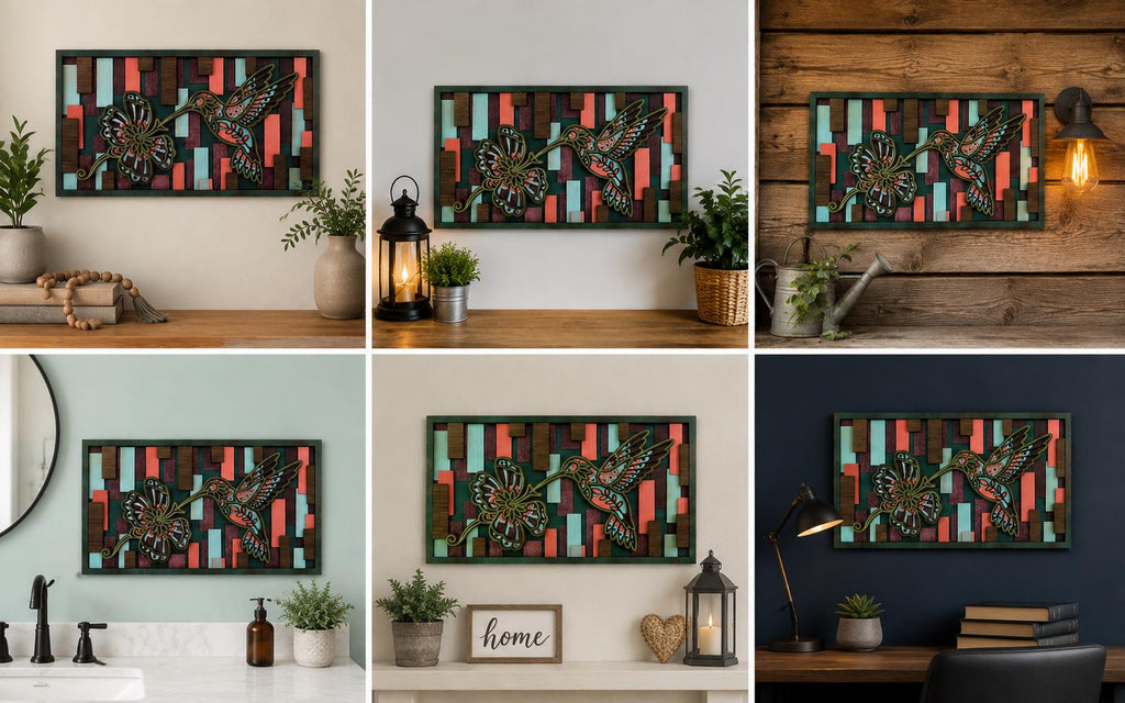 Hummingbird Wall Art with Floral Design, Layered 3D Wooden Decor 18x10 inch, Bird Lover Gift