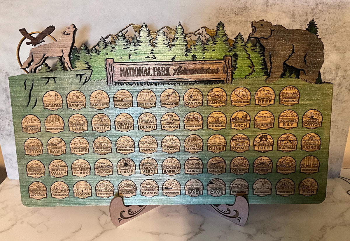 National Parks Travel Map Tracker, Wooden 63 Parks Checklist, Personalized Adventure Gift for Hikers
