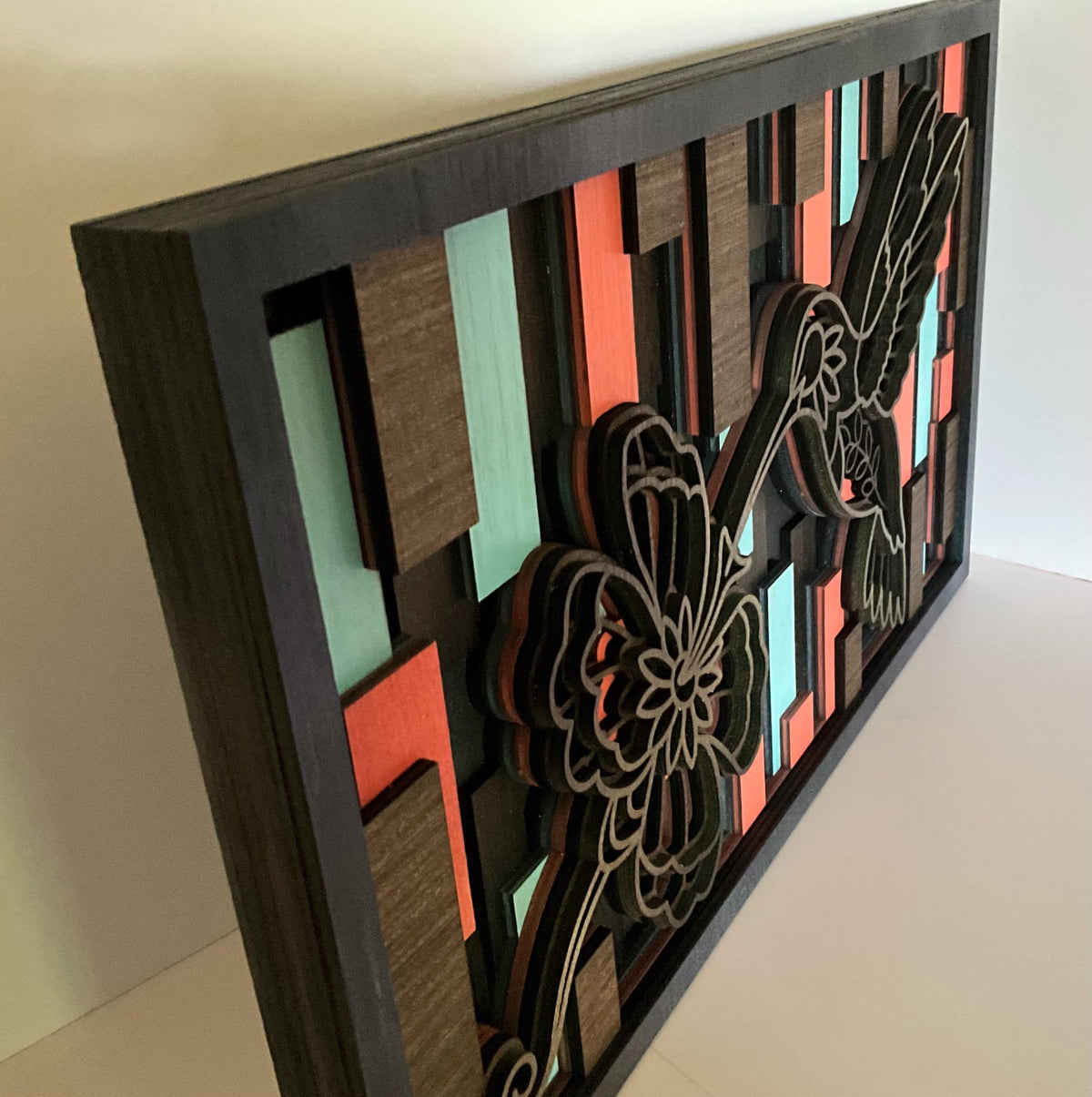 Hummingbird Wall Art with Floral Design, Layered 3D Wooden Decor 18x10 inch, Bird Lover Gift