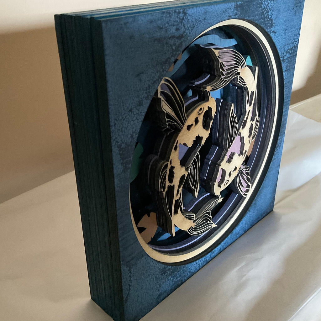 Koi Fish Shadowbox Wall Art, Multi Color 3D Layered Wood Display, Zen Home Decor Gift