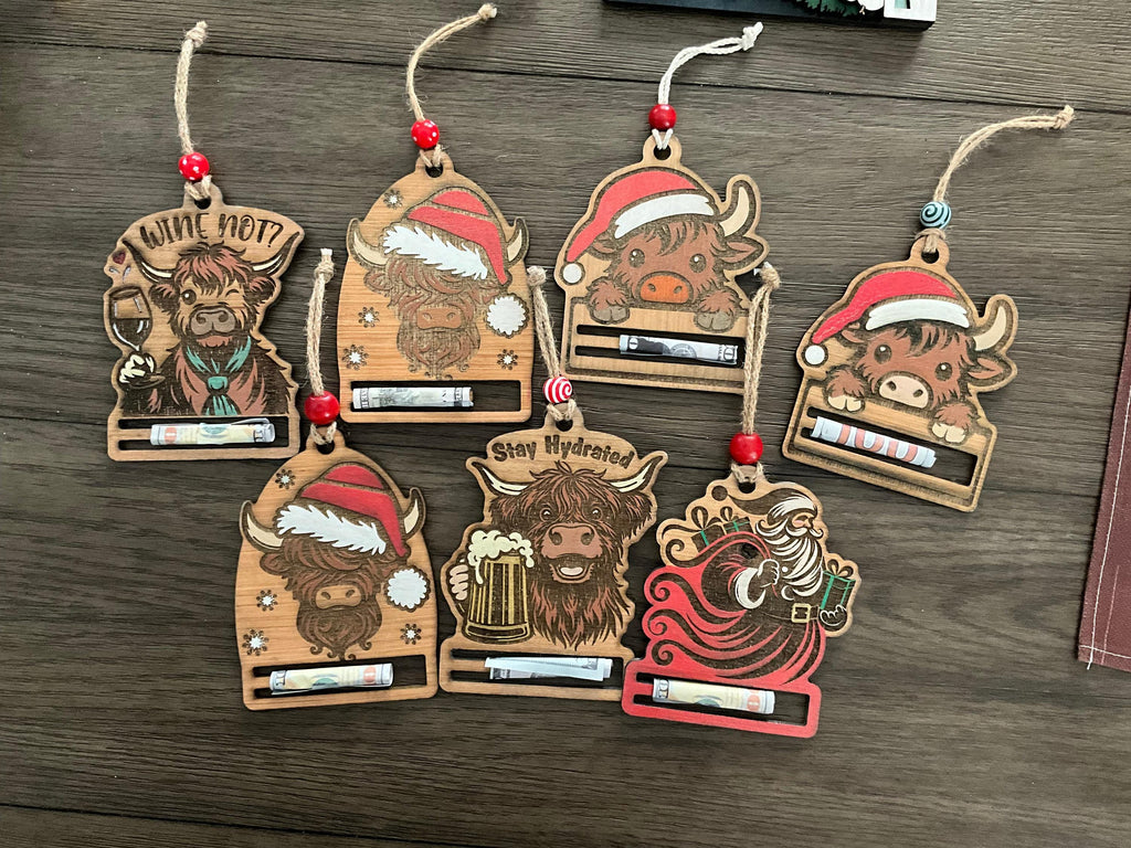 Highland Cow Money Holder Ornament, Wooden Cash Gift Card Holder, Fun Christmas Stocking Stuffer