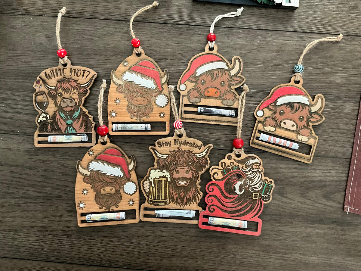 Highland Cow Money Holder Ornament, Wooden Cash Gift Card Holder, Fun Christmas Stocking Stuffer