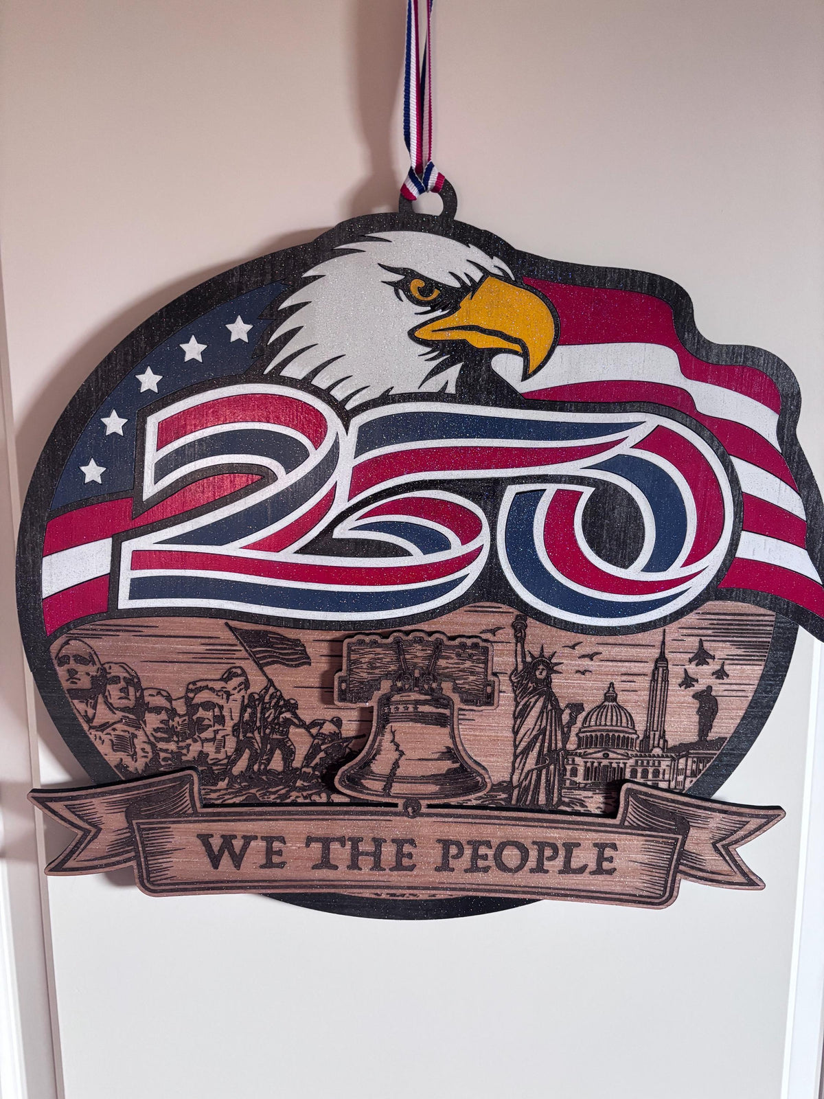 Patriotic 250th Anniversary Wooden Wall Decor | Handmade USA Eagle Flag Sign | “We The People” Wall Hanging | 16” American Independence Deco