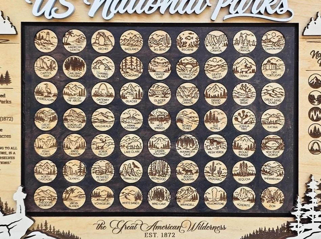 National Parks Icon Map Tracker, Educational Wooden USA Parks Display for Family Adventures