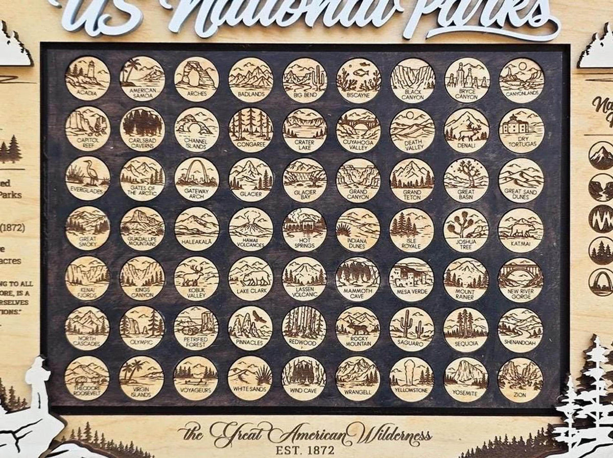 National Parks Icon Map Tracker, Educational Wooden USA Parks Display for Family Adventures