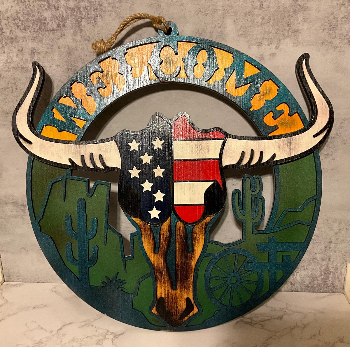 Patriotic Cow Skull Sign, Western American Flag Welcome Decor, Rustic Ranch Wall Art
