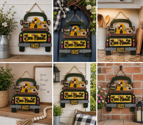 Bee Kind Sign with Honey Bee Truck, Colorful Wooden Wall Art for Kitchen