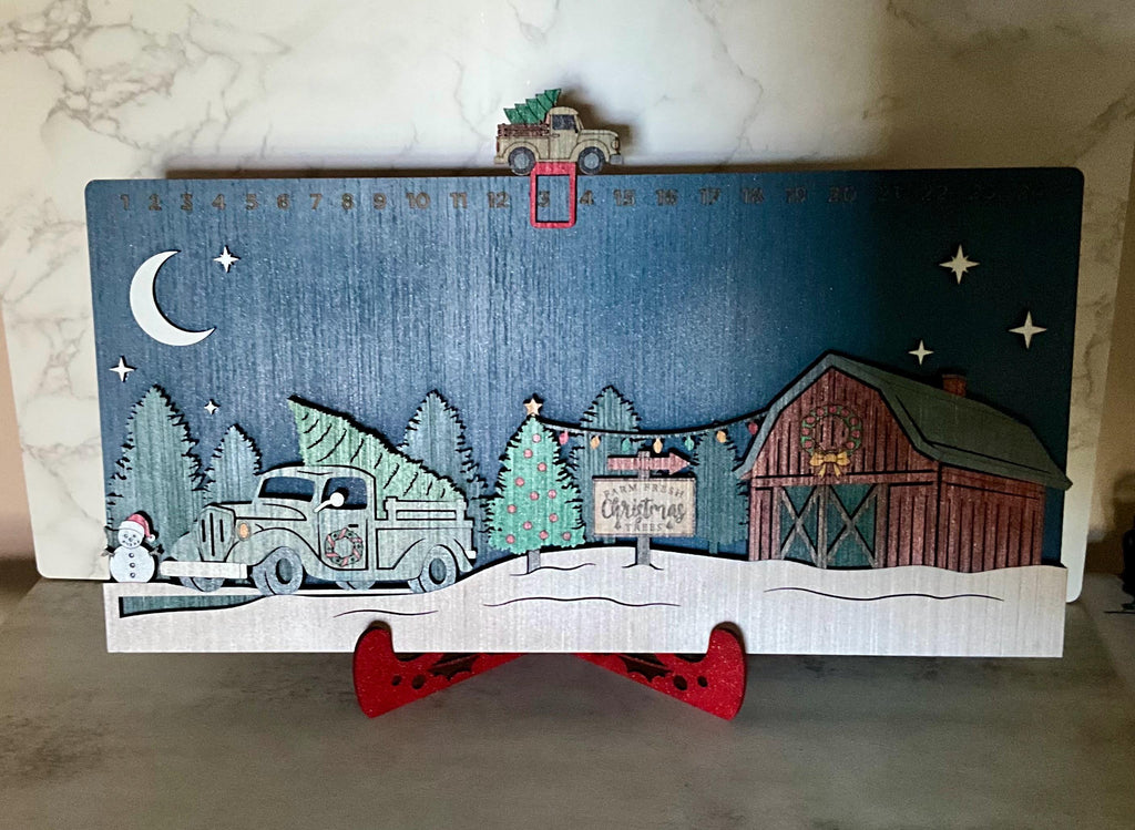Wooden Christmas Countdown Calendar with Truck and Barn, Rustic Advent Family Tradition