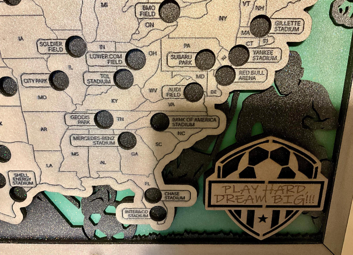 Soccer Stadium Map, Wooden Tracker for Visited Custom Fan Gift