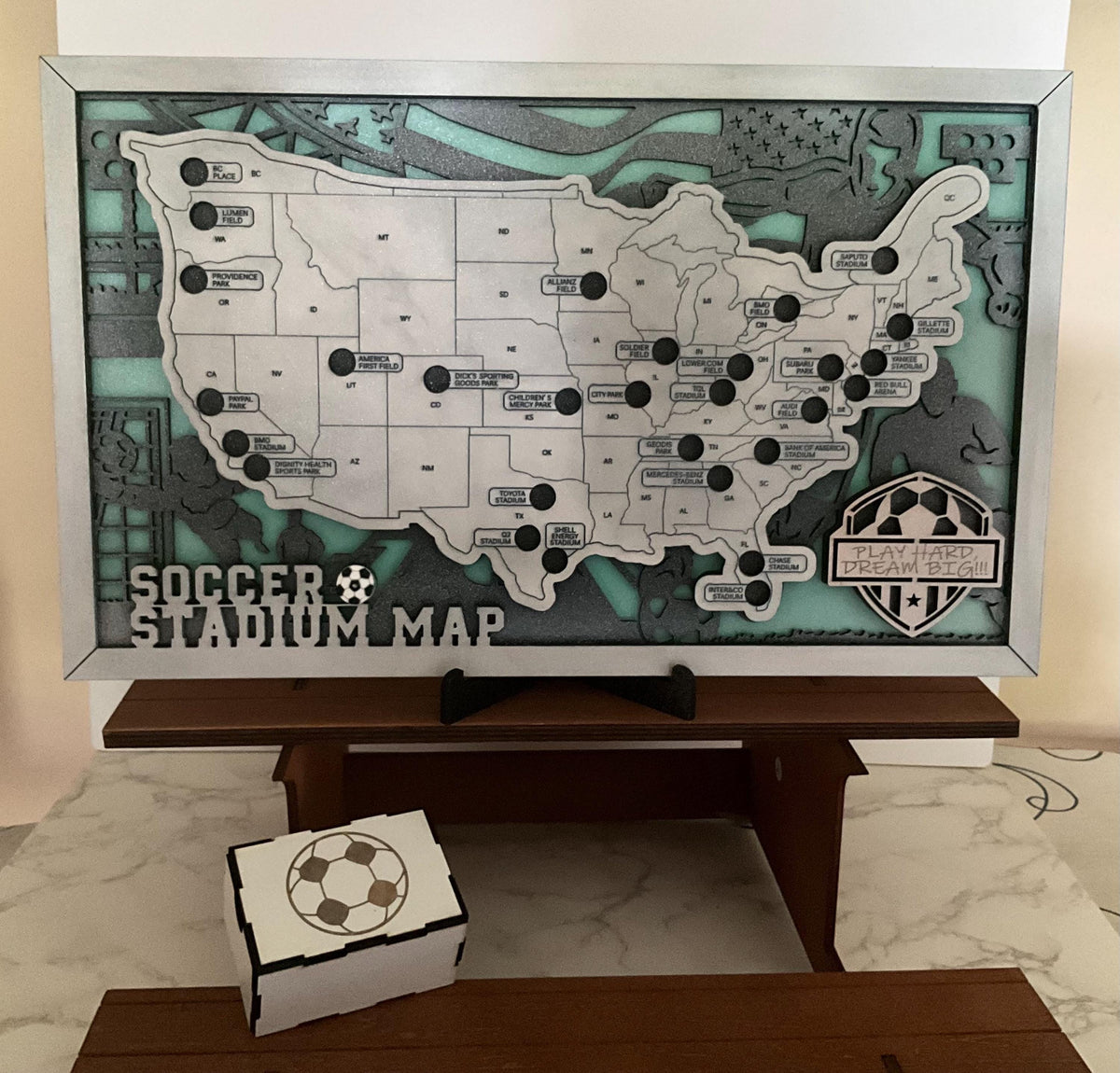 Soccer Stadium Map, Wooden Tracker for Visited Custom Fan Gift