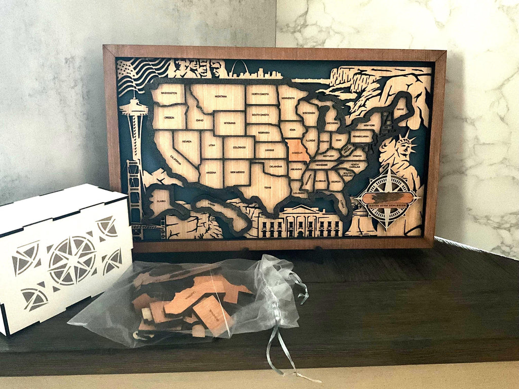 USA Travel Map with State Tokens and Storage Box, Wooden Road Trip Tracker Gift