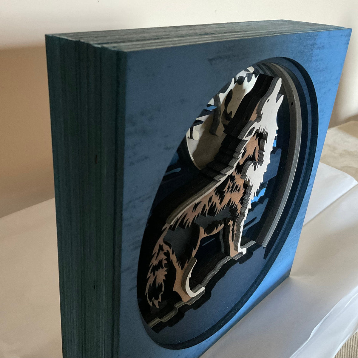 Wolf Shadowbox Wall Art, 3D Layered Wooden Wolf Display, Rustic Cabin Lodge Decor