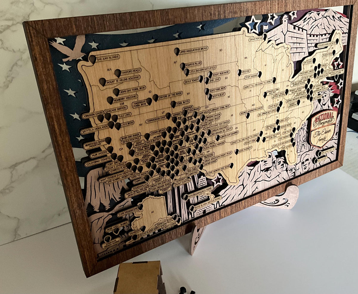 National Monuments Wooden Tracker Map, USA Travel Adventure Keepsake with Storage Box