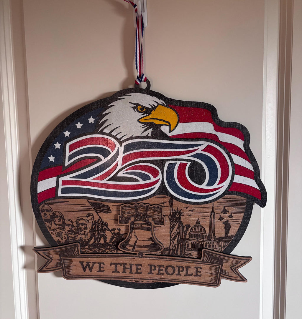 Patriotic 250th Anniversary Wooden Wall Decor | Handmade USA Eagle Flag Sign | “We The People” Wall Hanging | 16” American Independence Deco