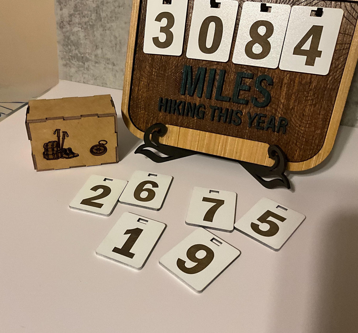 Hiking Mile Tracker Board with Number Tokens and Storage Box