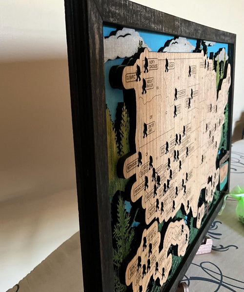 Bigfoot National Parks Travel Map, Wooden Sasquatch Adventure Tracker, Cabin Wall Decor Gift