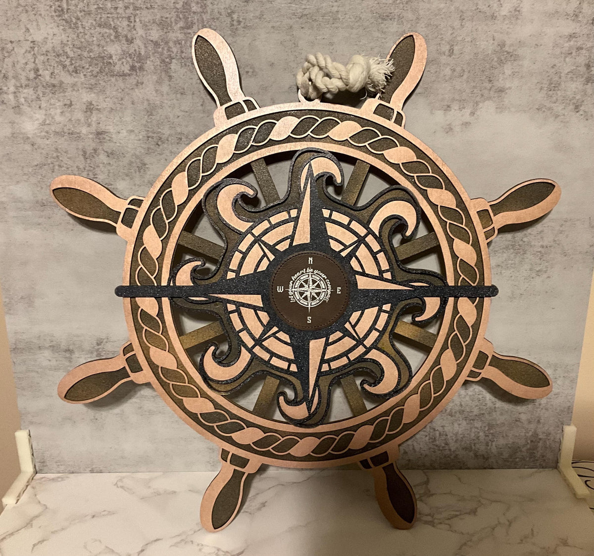Wooden Ship Wheel Compass Plaque, Nautical Wall Decor, Coastal Beach House Gift