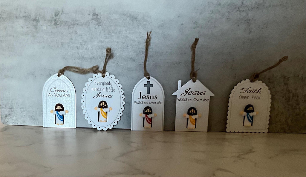 Jesus Ornaments Set of 5, Wooden Christian Christmas Decor, Faith Keepsake Gift for Believers