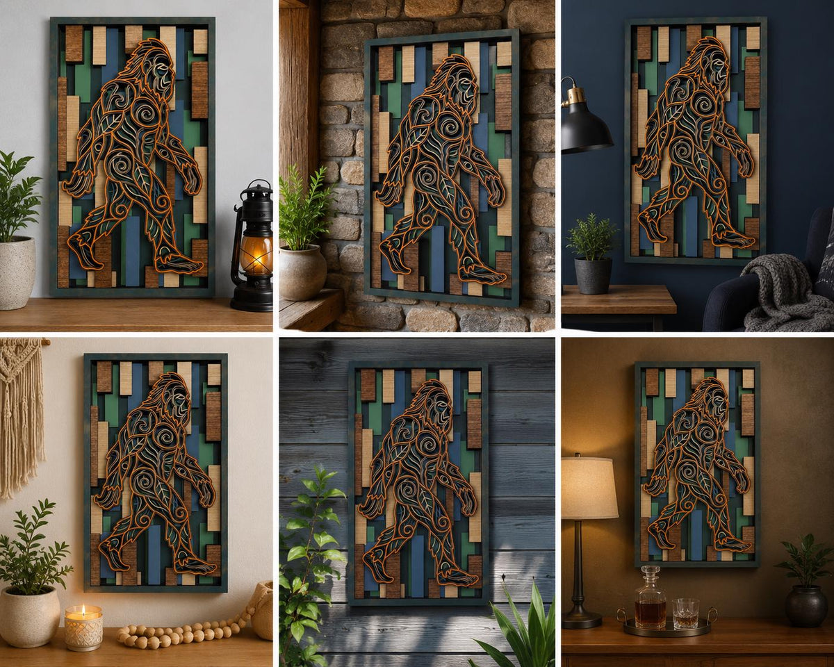 Multilayer Bigfoot Sasquatch Wooden Wall Art, Rustic Cabin Man Cave Lodge Decor Sign