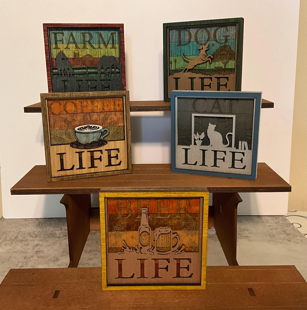 Wooden Shelf Sitter Shadowbox Sign, Farm Dog Cat Coffee Beer Themes, Handmade Home Decor