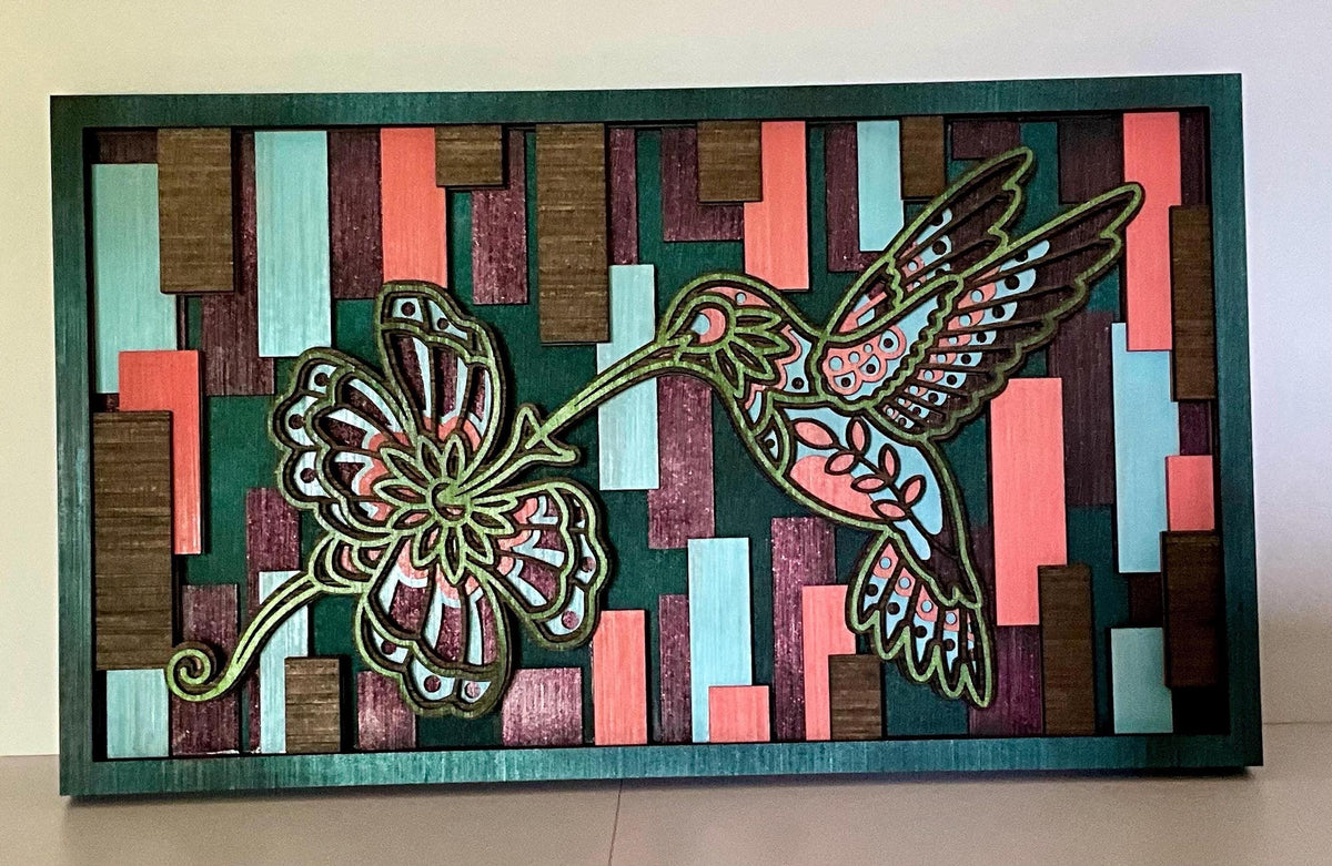 Hummingbird Wall Art with Floral Design, Layered 3D Wooden Decor 18x10 inch, Bird Lover Gift