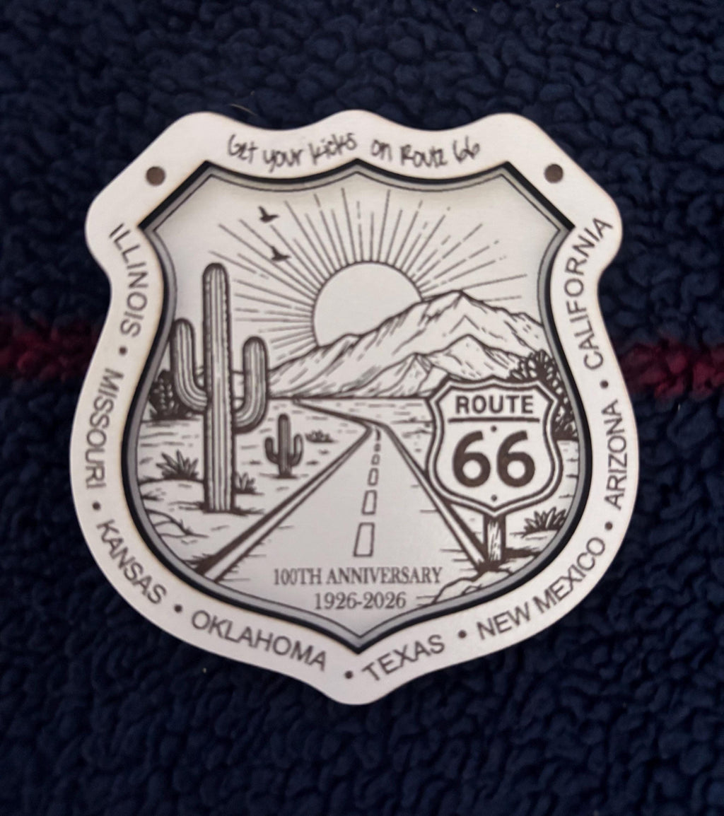 Route 66 100th Anniversary Ornament, Wooden Road Trip Keepsake, Historic Highway Christmas Gift