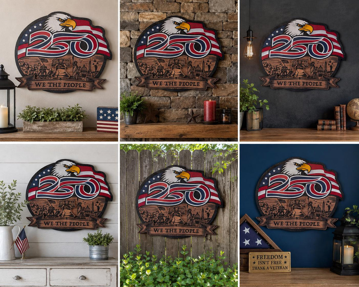 Patriotic 250th Anniversary Wooden Wall Decor | Handmade USA Eagle Flag Sign | “We The People” Wall Hanging | 16” American Independence Deco