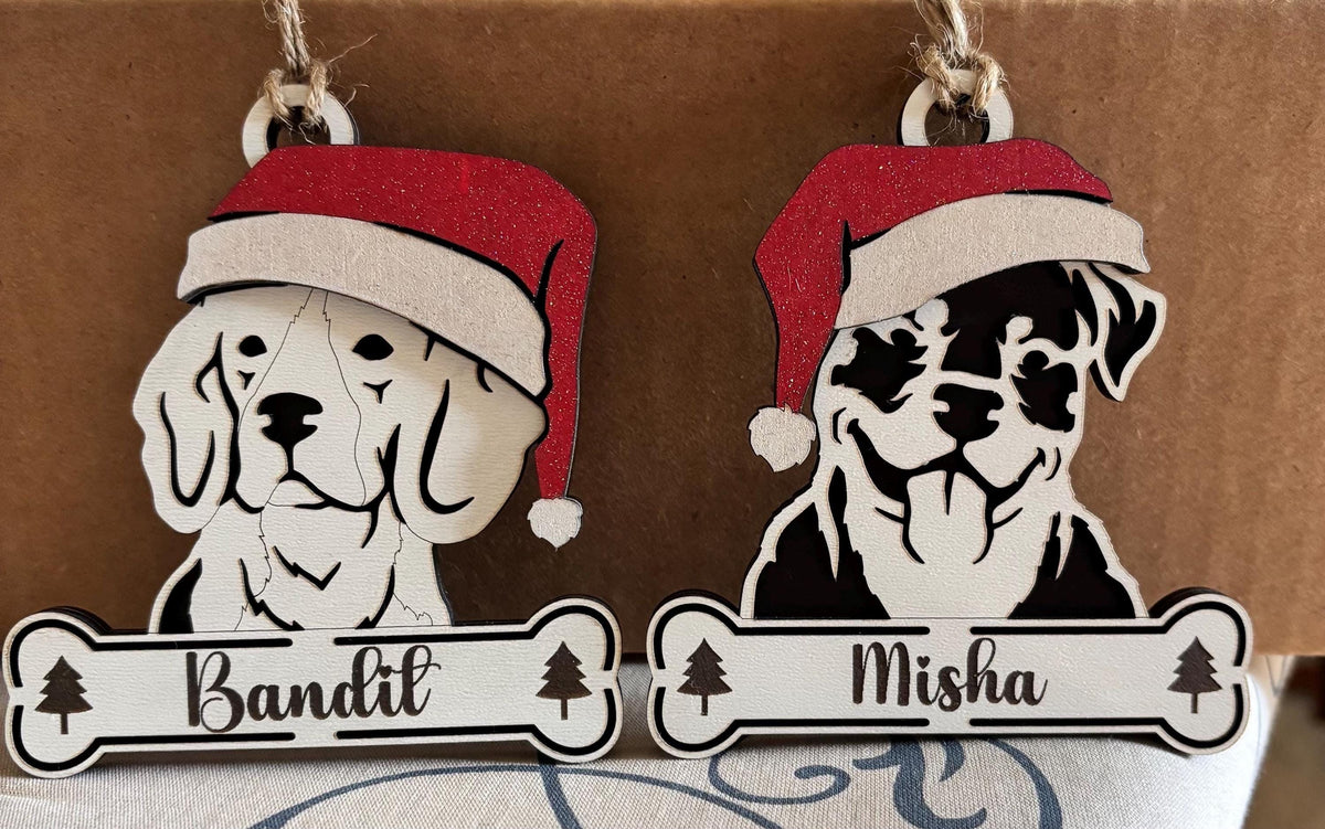 Santa Dog Christmas Ornaments, Personalized Dog Breed Keepsake, Wooden Puppy Christmas Decor