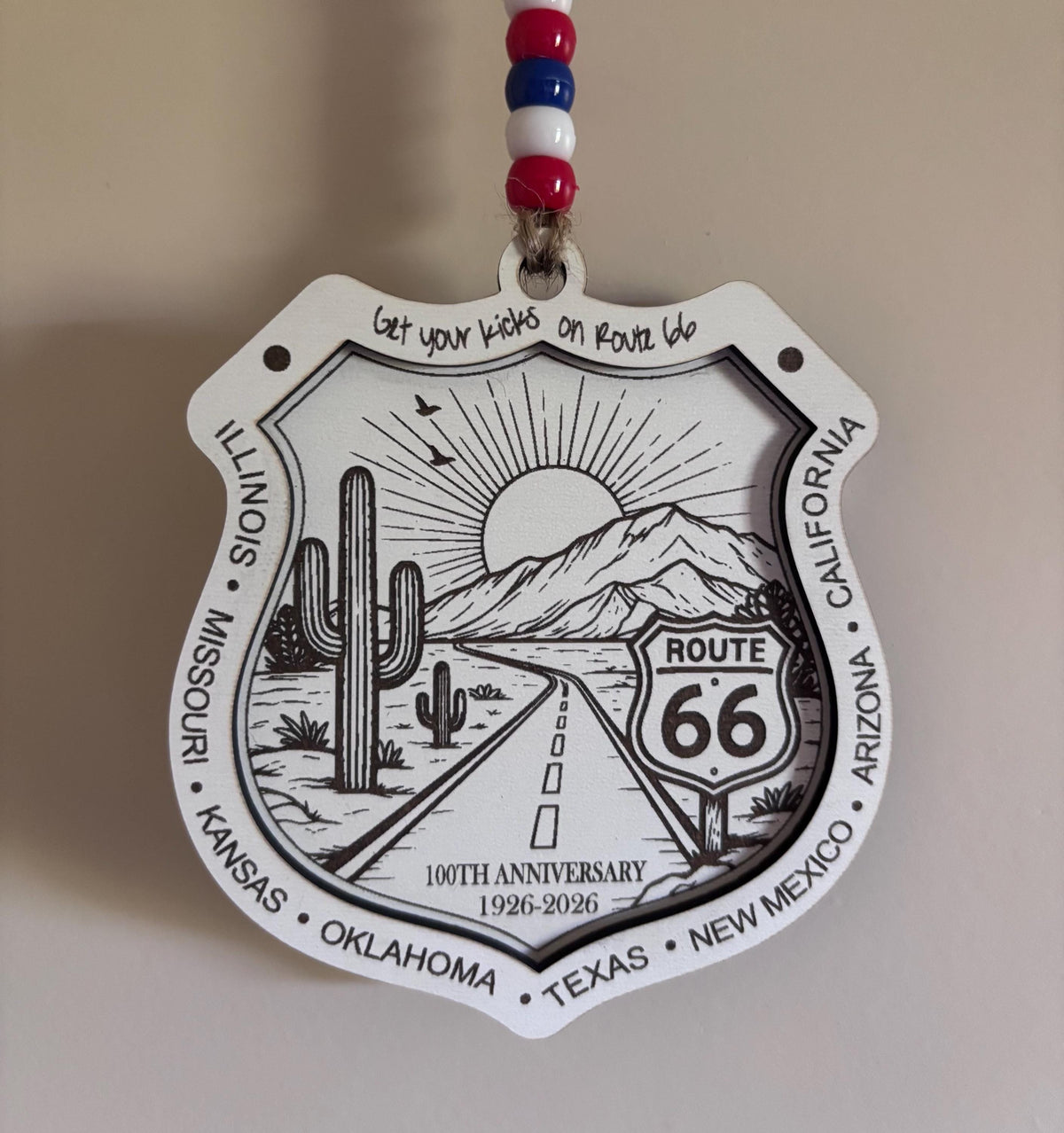 Route 66 100th Anniversary Ornament, Wooden Road Trip Keepsake, Historic Highway Christmas Gift