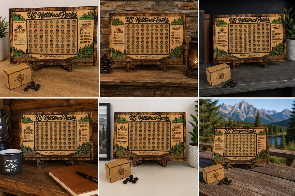 National Parks Icon Map Tracker, Educational Wooden USA Parks Display for Family Adventures